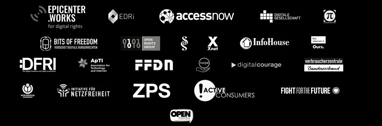 Logos of the organisations in the 2016 savetheinternet coalition, including epicenter.works, EDRi, Access Now, Digitale Gesellschaft, La Quadrature du Net, Bits of Freedom, Open Rights Group, Xnet, InfoHouse, DFRI, ApTI, FFDN, Digitalcourage, Verbraucherzentrale Bundesverband, Wikimedia Österreich, Initiative für Netzfreiheit, ZPS, Active Consumers, Fight for the Future and OpenMedia